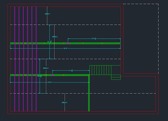 A drawing of the side of a building with different colored lines.
